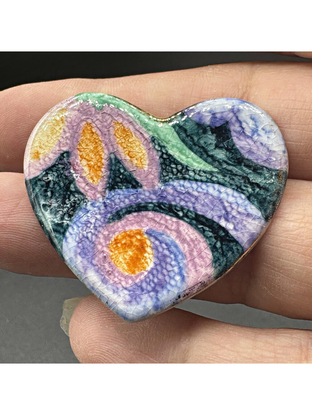 Ceramic Heart Brooch Pin Multicolor Abstract Art Floral Purple Green Orange